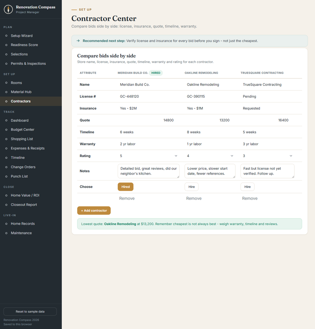 Contractor comparison